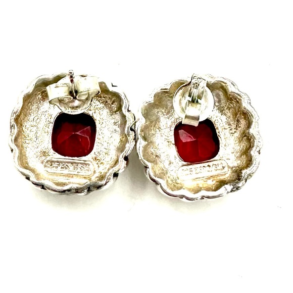 VINTAGE Sterling Silver Earrings ESPO JOSEPH ESPOSITO RED GLASS CABOCHON - Picture 8 of 8